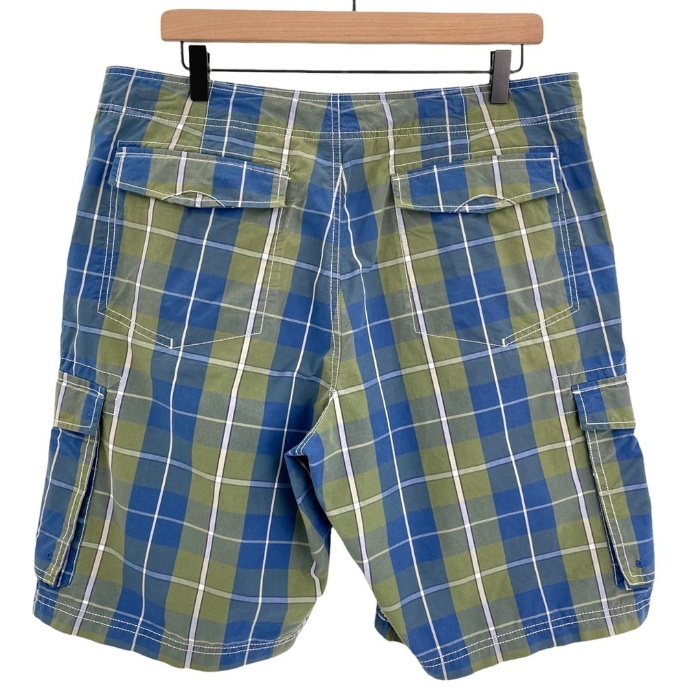 Vintage Y2K L.L. Bean Swim Trunks Preppy Blue Green Plaid Cargo Pockets | 34x10 - Picture 2 of 9